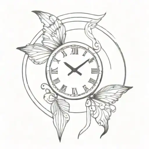 An elegant clock face with intricate butterfly wings as the hands, surrounded by musical notes tattoo design idea