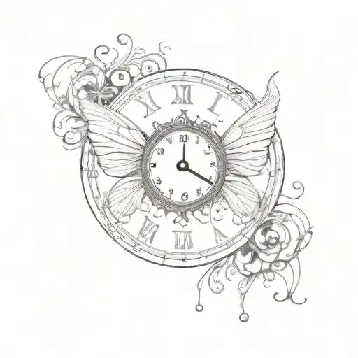 An elegant clock face with intricate butterfly wings as the hands, surrounded by musical notes tattoo design idea