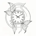 An elegant clock face with intricate butterfly wings as the hands, surrounded by musical notes tattoo design idea