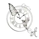 An elegant clock face with intricate butterfly wings as the hands, surrounded by musical notes tattoo design idea