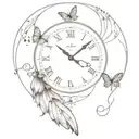An elegant clock face with intricate butterfly wings as the hands, surrounded by musical notes tattoo design idea