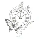 An elegant clock face with intricate butterfly wings as the hands, surrounded by musical notes tattoo design idea