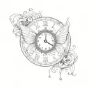 An elegant clock face with intricate butterfly wings as the hands, surrounded by musical notes tattoo design idea