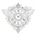 An elegant clock face with intricate butterfly wings as the hands, surrounded by musical notes tattoo design idea