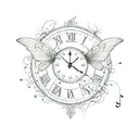 An elegant clock face with intricate butterfly wings as the hands, surrounded by musical notes tattoo design idea