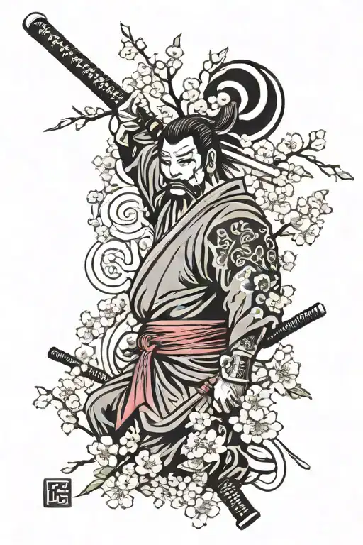 Japanese cherry blossom tree with katana and a Japanese god mask tattoo design idea
