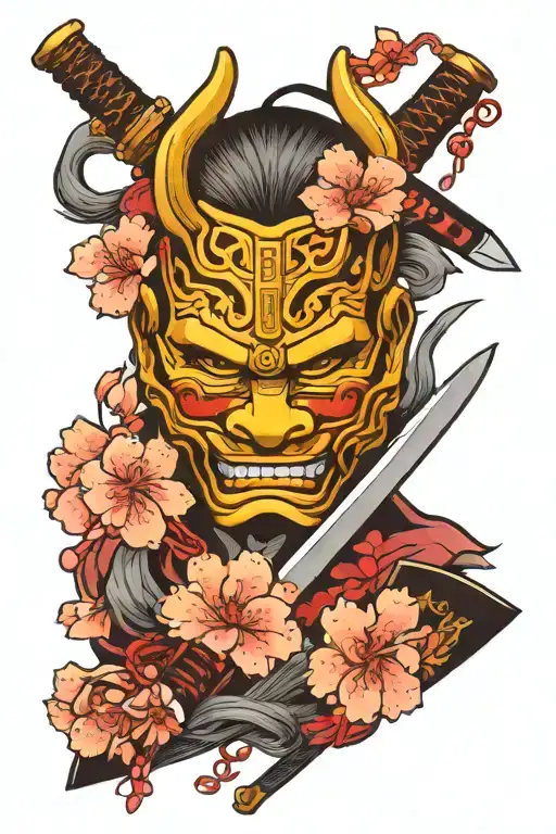 Japanese cherry blossom tree with katana and a Japanese oni mask  tattoo design idea