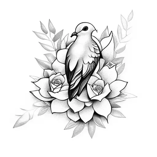 detailed dove around flowers tattoo design idea