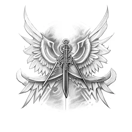 sword with wings and initials  tattoo design idea