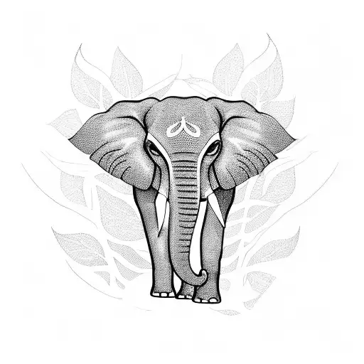 Fine line elephant a little bit hidden, and intertwined by leaves, plants and flowers tattoo design idea