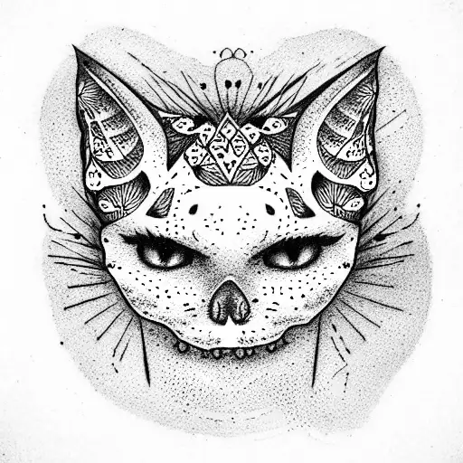 small cat and skull tattoo design idea