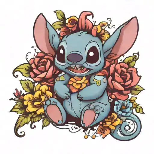 happy Stich with flowers around tattoo design idea