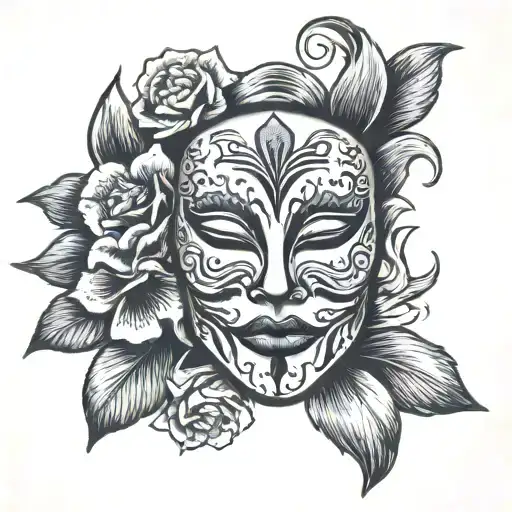 drama mask on top of flower tattoo design idea