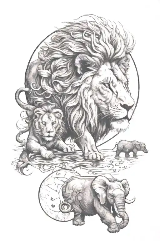 an lion, with the moon and the polestar and an baby elephant tattoo design idea