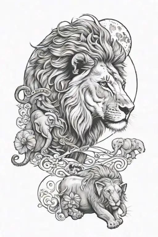 an lion, with the moon and the polestar and an baby elephant tattoo design idea