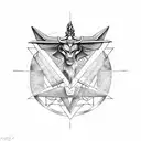 A triangle combining an Iron Chariot, Baphomet, Thoth and Hermes tattoo design idea
