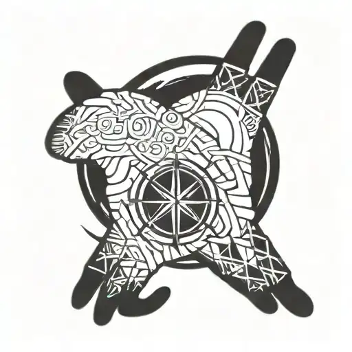 Baby hand of daughter and name "Runa" in runic script, date of birth and Viking compass tattoo design idea