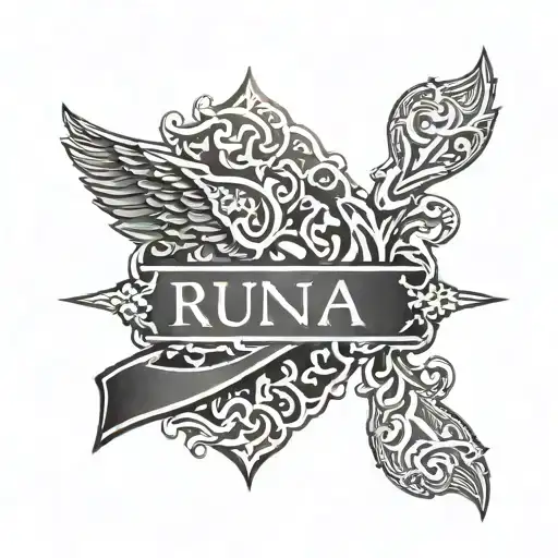 Nordic way visor, baby foot with the name "Runa" in runic script tattoo design idea