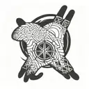 Baby hand of daughter and name "Runa" in runic script, date of birth and Viking compass tattoo design idea