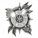 Baby hand of daughter and name "Runa" in runic script, date of birth and Viking compass tattoo design idea