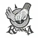 Baby hand of daughter and name "Runa" in runic script, date of birth and Viking compass tattoo design idea
