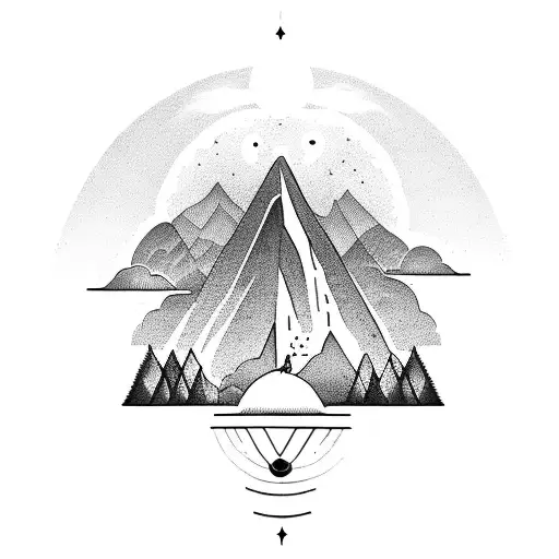 solitary figure in mountain top surrounded by halo of light with blue and purple tattoo design idea