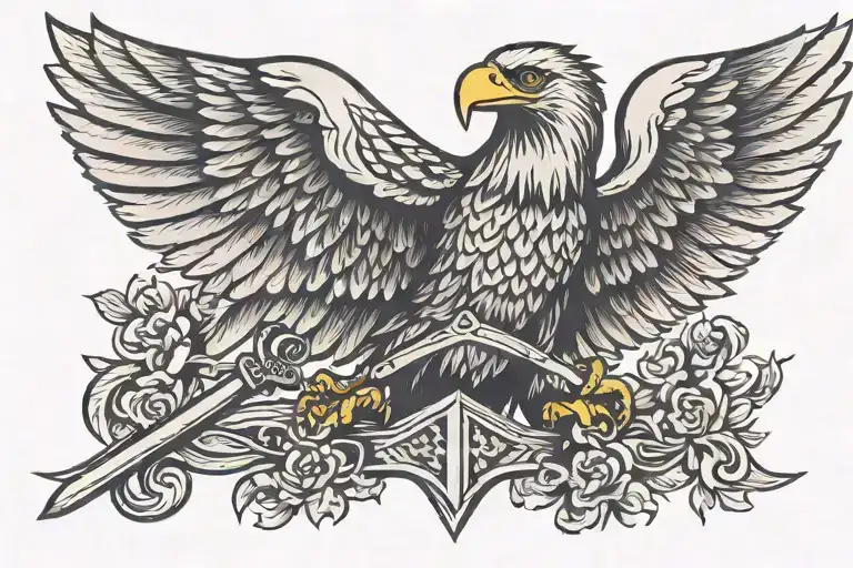 Roman eagle spread wings holding sword tattoo design idea