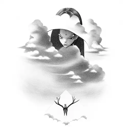 "Natalie" with the sky and clouds in the background tattoo design idea