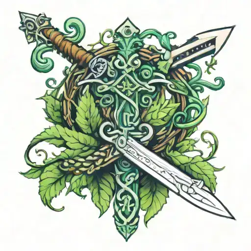 green vines wrapped around a sword, lock, and key tattoo design idea