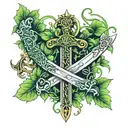 green vines wrapped around a sword, lock, and key tattoo design idea