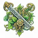 green vines wrapped around a sword, lock, and key tattoo design idea