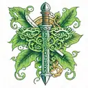 green vines wrapped around a sword, lock, and key tattoo design idea
