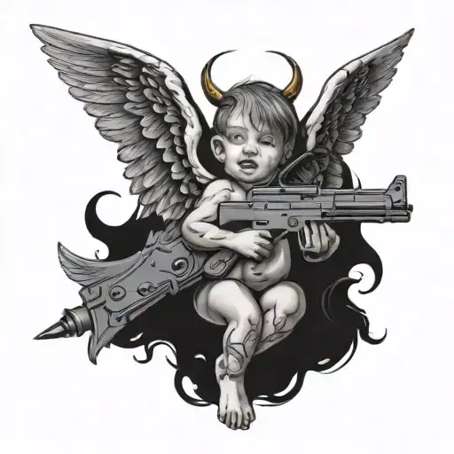 angel baby with devil wings holding a ak 47 bullet tattoo design idea