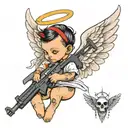 angel baby with devil wings holding a ak 47 bullet tattoo design idea