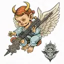angel baby with devil wings holding a ak 47 bullet tattoo design idea