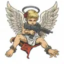 angel baby with devil wings holding a ak 47 bullet tattoo design idea