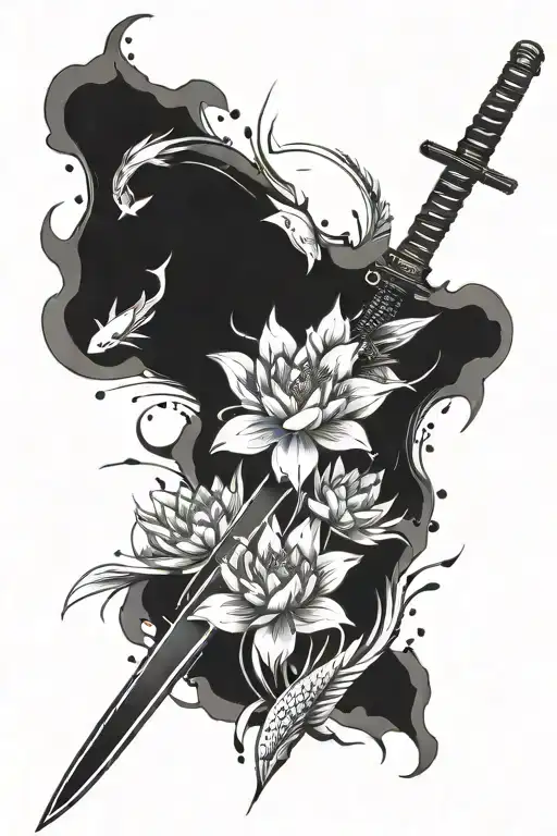 broken katana as the centerpiece in the middle with koi fish and lotus flowers around it.  tattoo design idea