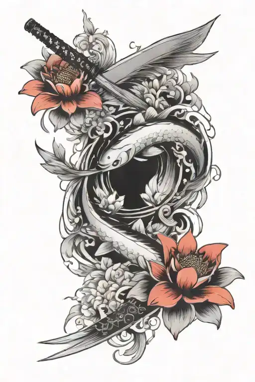 broken katana as the upfront centerpiece in the middle with 2 red and black koi fish and 5 lotus flowers around it.  tattoo design idea