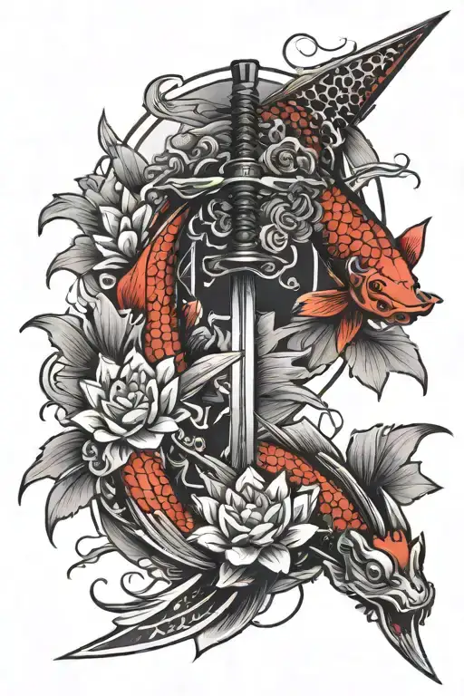 broken katana as the upfront centerpiece in the middle with 2 red and black koi fish and 5 lotus flowers next to it.  tattoo design idea