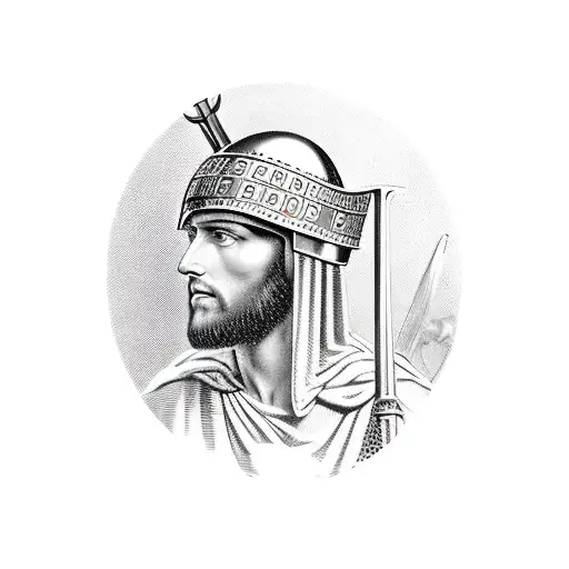 Roman soldier helmet engraved with 1:16, a sillouhette of jesus and a cross, and a portrait of saint sebastian tattoo design idea