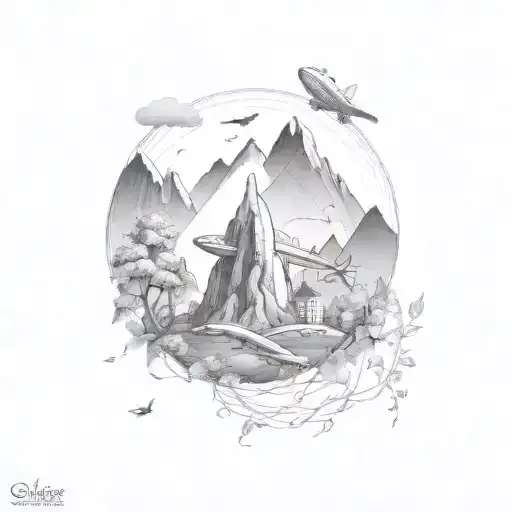 Tiny world with mountain, airplane flying around, grape Vines growing tattoo design idea