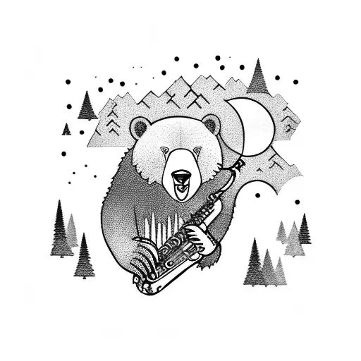 A blackwork tattoo of a bear playing a saxophone, with a forest landscape in the background tattoo design idea