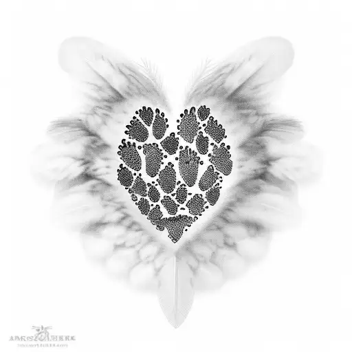 A heart-shaped paw print surrounded by feathers tattoo design idea