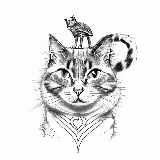 A cat, dog, and bird sitting together on a heart-shaped tree branch tattoo design idea