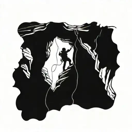 A silhouette of a cave explorer rappelling down a cave wall tattoo design idea