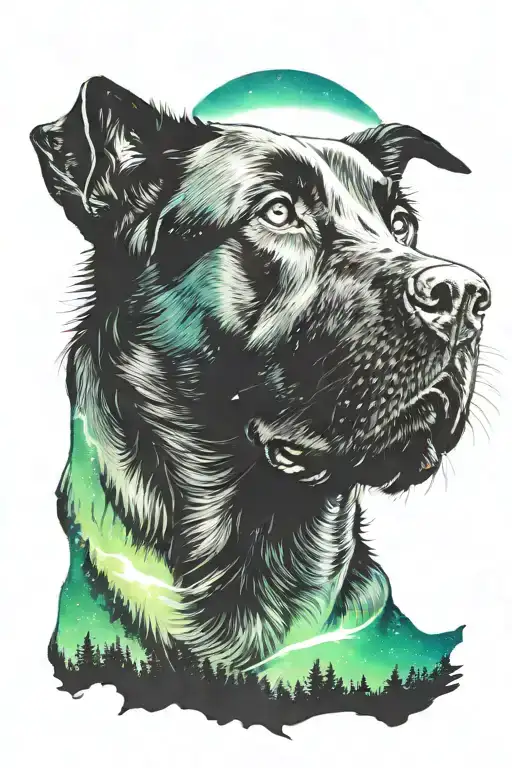 a silhouette of a Labrador looking up at the Northern Lights tattoo design idea