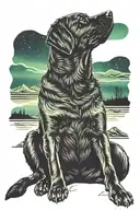 a silhouette of a Labrador sitting and looking up at the Northern Lights tattoo design idea
