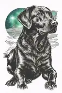 a silhouette of a Labrador sitting and looking up at the Northern Lights tattoo design idea