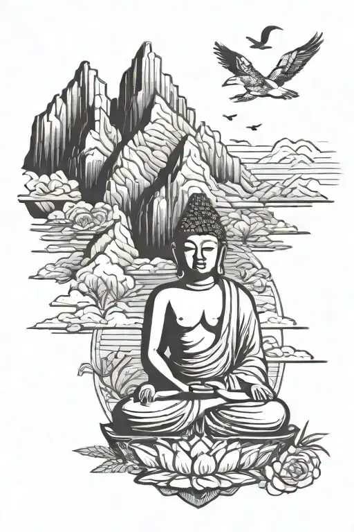 buddha floating over mountains with 3 birds in forground tattoo design idea
