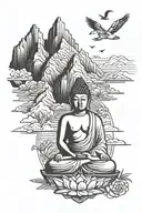 buddha floating over mountains with 3 birds in forground tattoo design idea